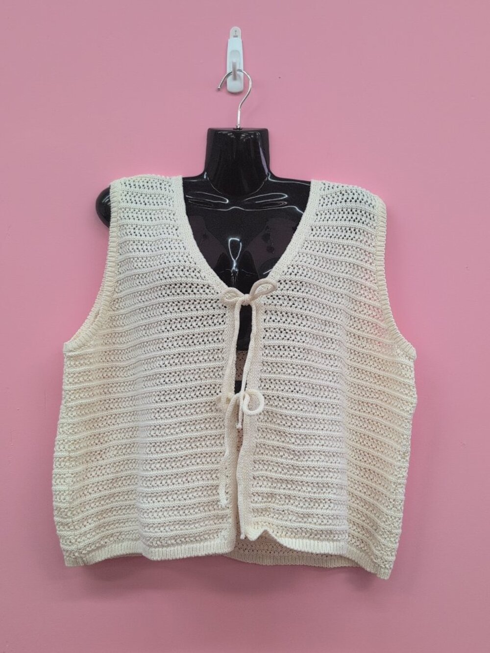Asos Design Women's V Neck Sleeveless Knitted Tank Top with Bow Tie Large Ecru